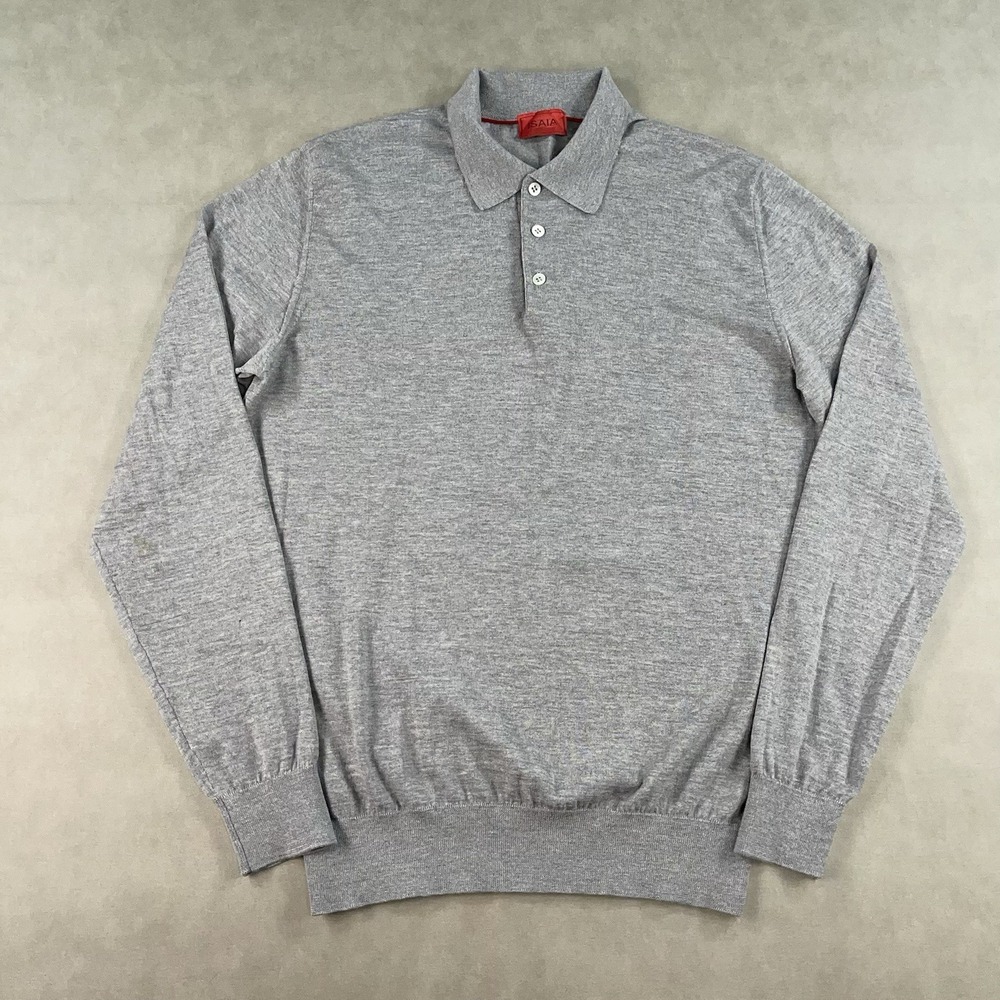 Isaia Napoli Gray Extrafine Merino Wool Long Sleeve Polo Sweater Size Large